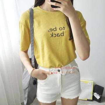 2016夏装新款宽松半袖打底衫 韩版女装简约字母粉黄白色短袖T恤