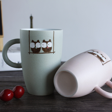 陶瓷杯带盖带勺可爱卡通猫头鹰个性创意马克杯定制情侣杯喝水杯子