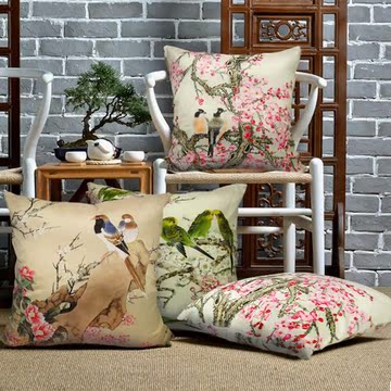 中欧式喜鹊花鸟抱枕布艺沙发红木椅子靠垫靠背腰枕飘窗榻榻米靠包