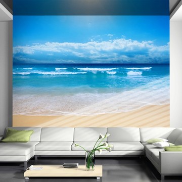大型无缝壁画 地中海风景蓝天白云沙滩海景墙纸客厅电视背景0357