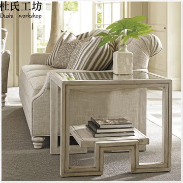 定制美式实木方形边几角几简约沙发几角桌 钢化玻璃桌面出口现货