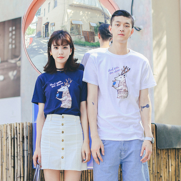 韩版情侣装夏装2016新款潮个性印花可爱小鹿学生休闲宽松短袖T恤