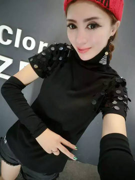 韩版秋季新款高领亮片短袖针织衫女修身百搭打底衫时尚显瘦t恤潮