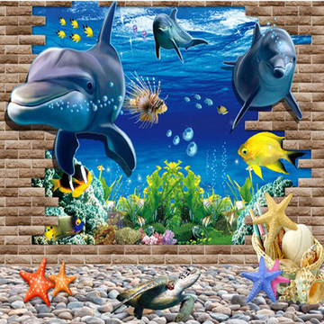 3d立体墙贴纸儿童房卧室床头客厅温馨装饰海洋海豚背景卡通墙贴画