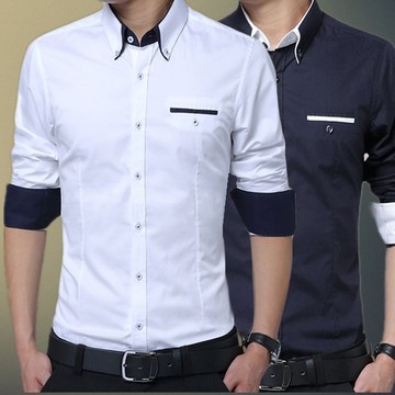 新款男士长袖衬衫修身型韩版青少年时尚衬衣薄款休闲纯色商务上衣